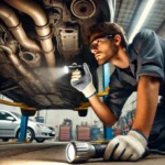 A mechanic inspecting a car's exhaust system under a vehicle.