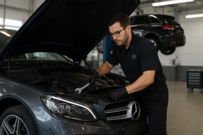 Technician reviewing service cost details for Mercedes maintenance and diagnostics